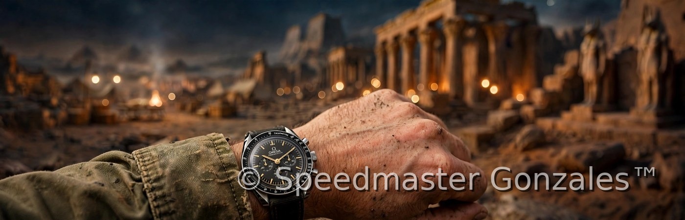 The collector's Speedmaster on the wrist at dusk among ancient stone ruins