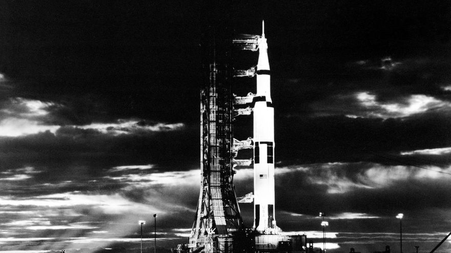 The Saturn V on the launch pad at night — Apollo 17