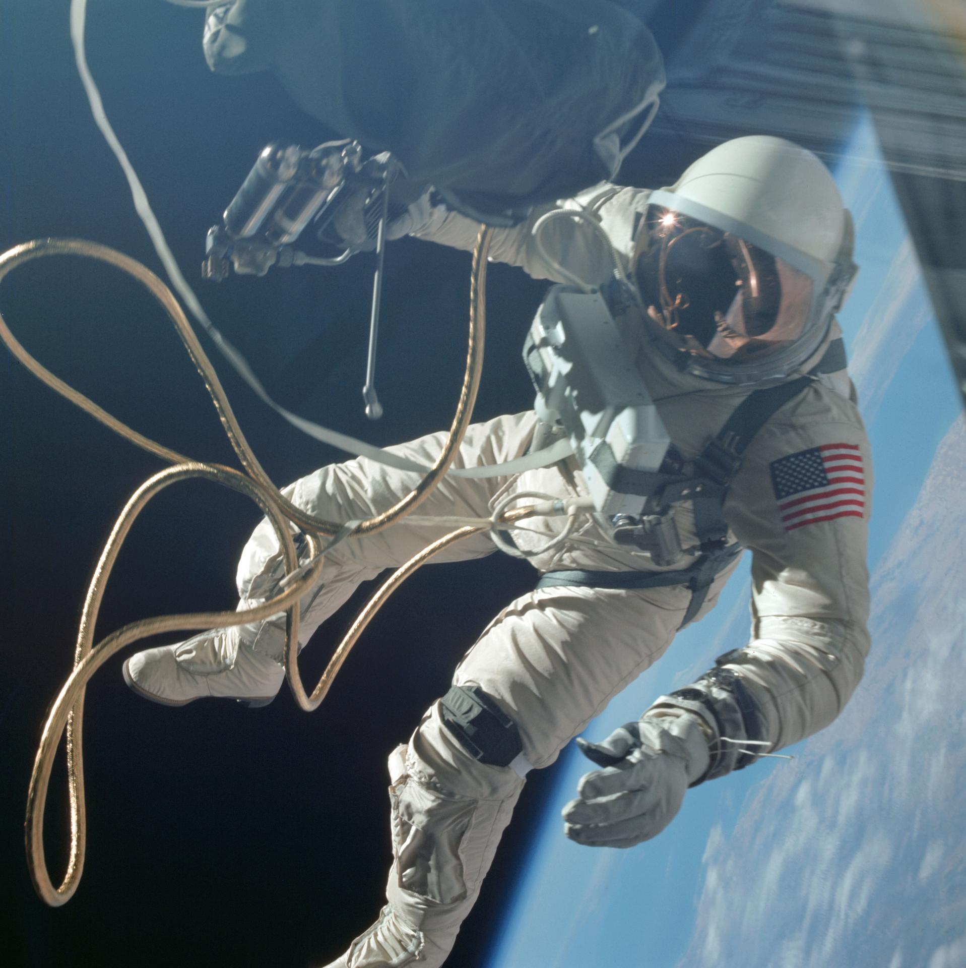 Ed White during the first American spacewalk, Gemini IV, June 3, 1965