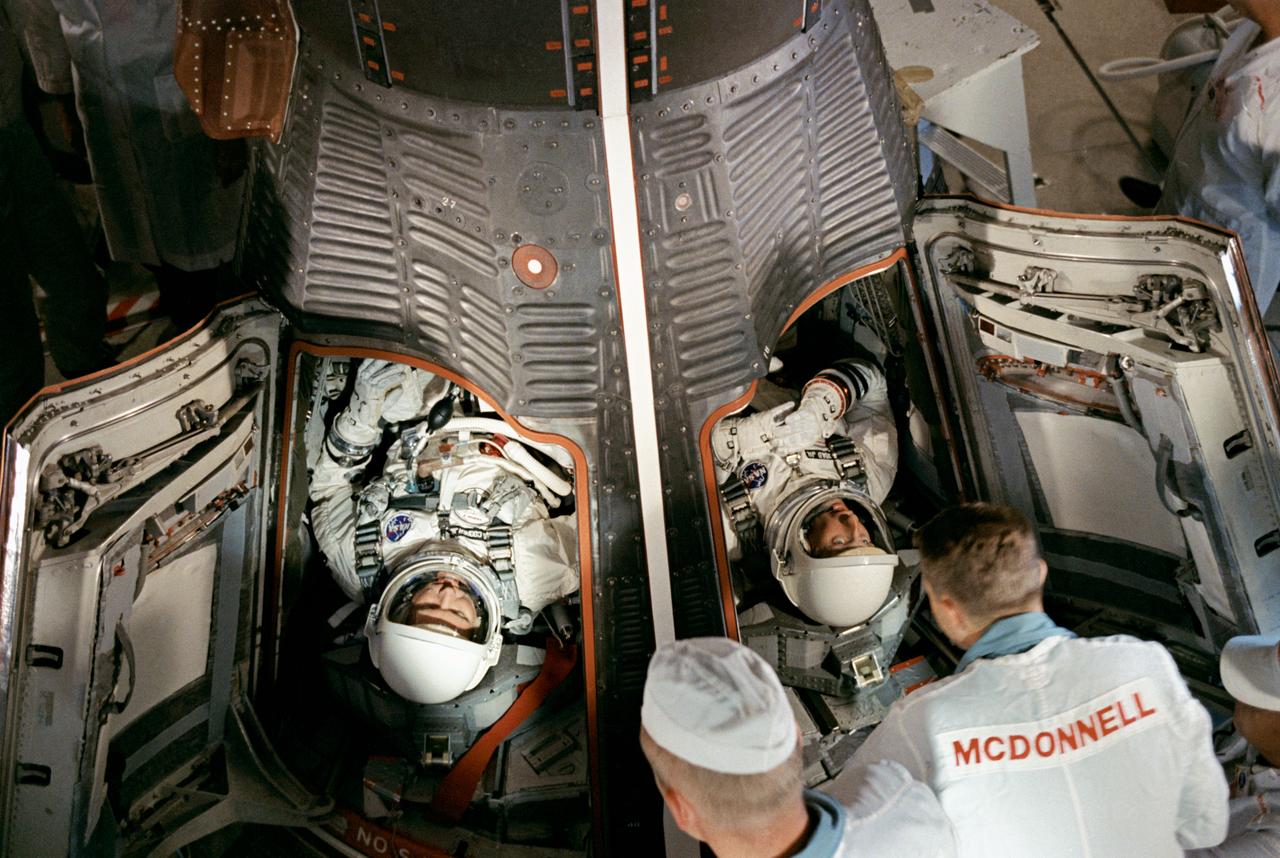 The Gemini V crew in the white room at Pad 19, August 21, 1965