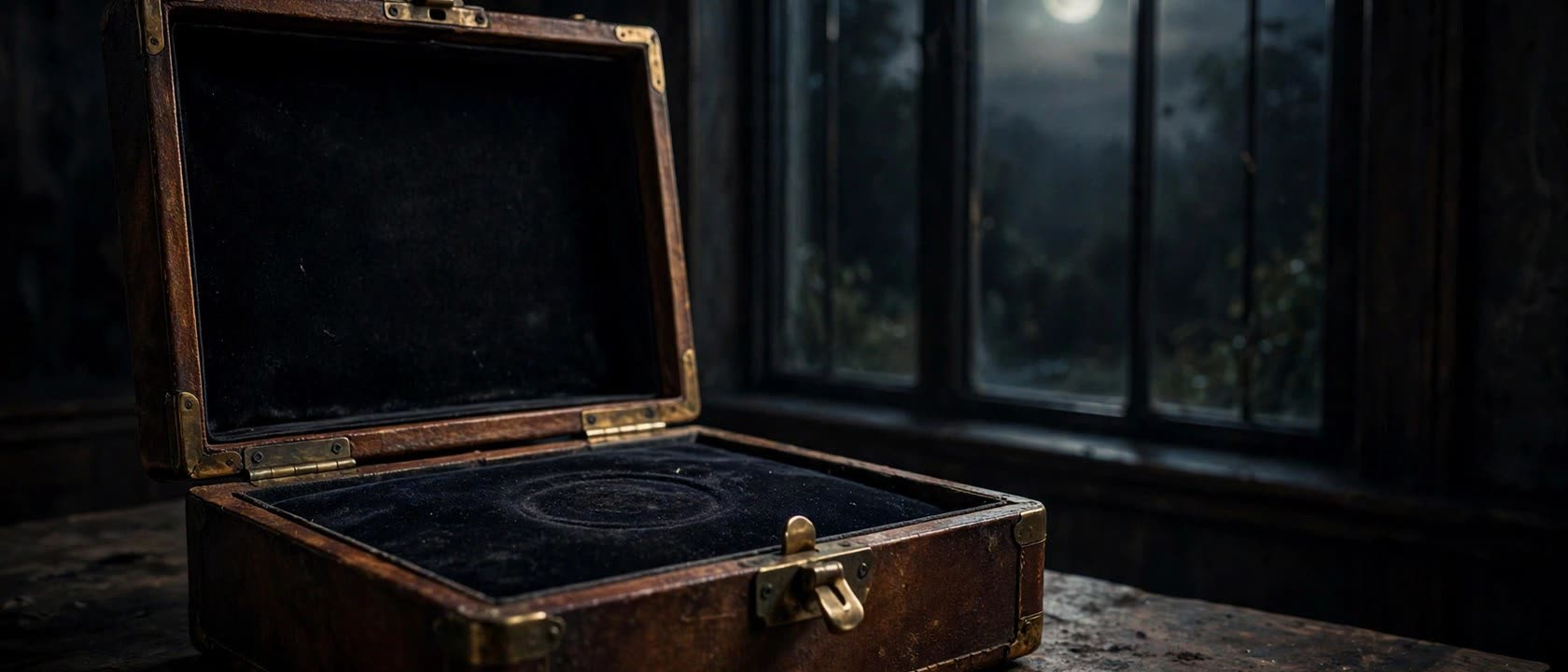 An empty vintage watch box in moonlight — the missing Moonwatch