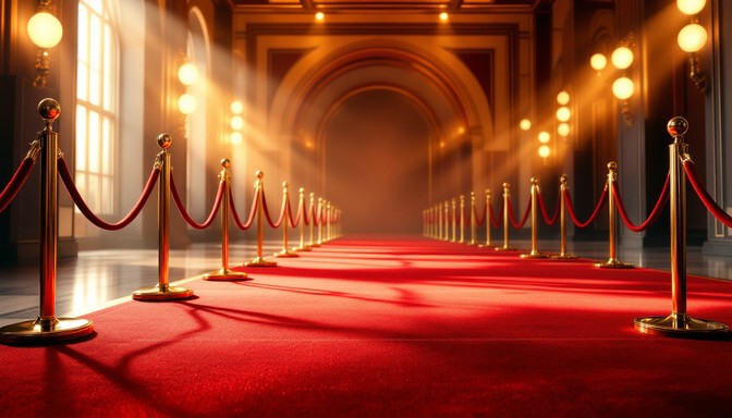 Empty red carpet with gold stanchions under warm lights — awards-night backdrop
