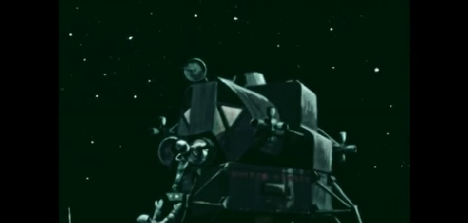 An animated lunar module on the Moon's surface, from NASA's 1964 space-race briefing film
