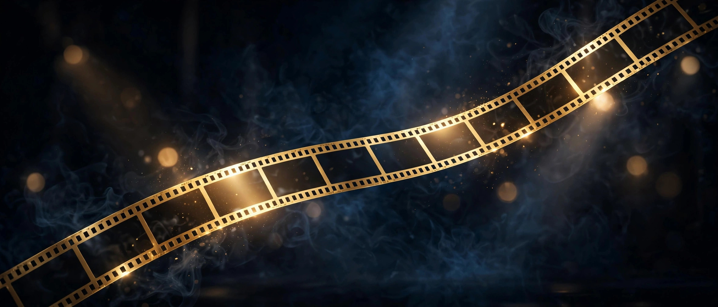 A golden film strip sweeping across a dark theater backdrop