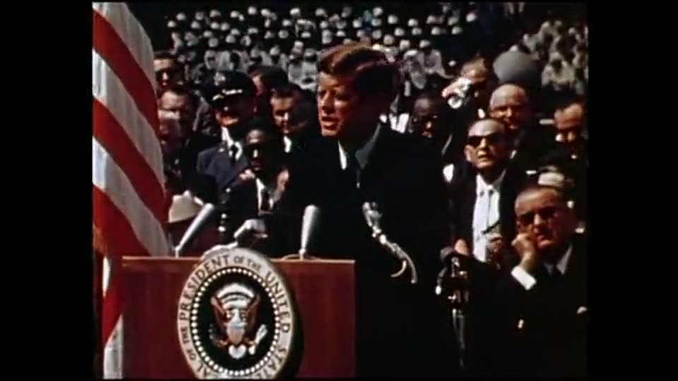 President Kennedy at the podium, Rice University stadium, 1962